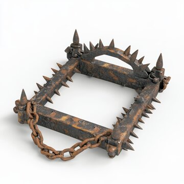 A vintage rusty bear trap isolated on white background ideal for survival challenges and wilderness adventures