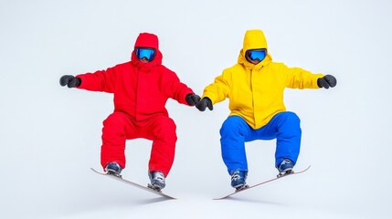 Snowboard Duo:  Dynamic leap of two snowboarders in vibrant red and yellow suits against a light background.  A high-energy image perfect for action sports, winter adventures, and teamwork themes. 