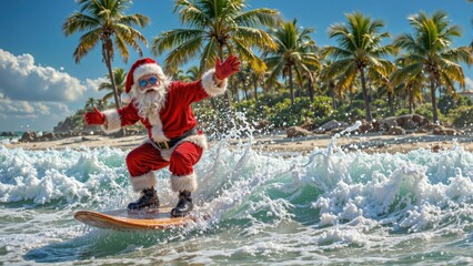 Santa Claus surfing on waves at a sunny tropical beach with palm trees, embracing a fun holiday spirit with copy space