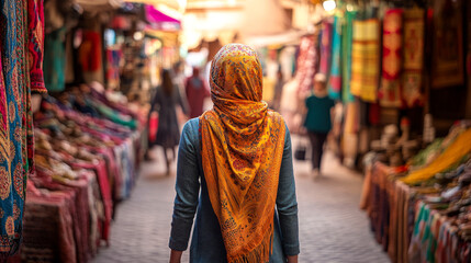 Obraz premium Woman Exploring Vibrant Moroccan Market, Surrounded by Colorful Fabrics and Spices, Cultural Travel Experience