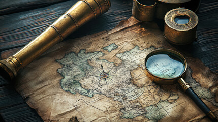 An old map with ancient symbols, a magnifying glass, and a brass telescope on it. The background is dark wood