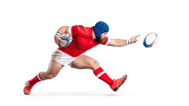 Rugby Player in Action: A powerful rugby player in a red jersey and blue helmet, dives toward the ball with determination and agility, capturing the intensity and athleticism of the sport.   - Powered by Adobe