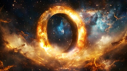 Obraz premium Fiery Cosmic Ring Encircles Nebulae in Space