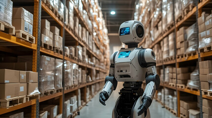 Fototapeta premium A robot navigates a warehouse filled with stacked boxes, showcasing automation in logistics.