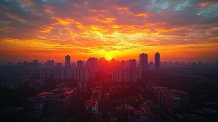 Obraz premium Sunset over a city skyline with vibrant colors and clouds.