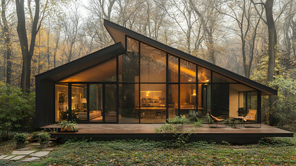 Fototapeta premium Modern house with large glass windows in a serene forest setting.
