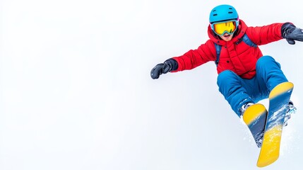 Snowboarder mid-air: Thrilling snowboard jump against snowy landscape 