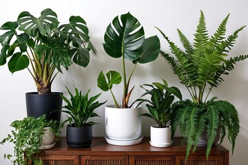 Fototapeta premium Lush Green Tropical Plants Collection: Monstera, Palm, Rubber Plant, Pine, and Fern Bush