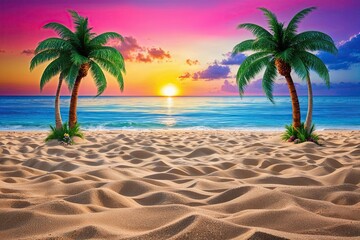 Obraz premium Vibrant Colorful Seaside Horizon with Palm Trees and Sand