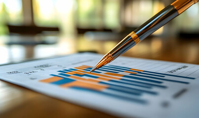 Fototapeta premium A pen rests on a chart with blue and orange bars, indicating data analysis or business metrics.