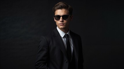 Fototapeta premium A man in black suit with black background and copy space, Fashion, Men Fashion