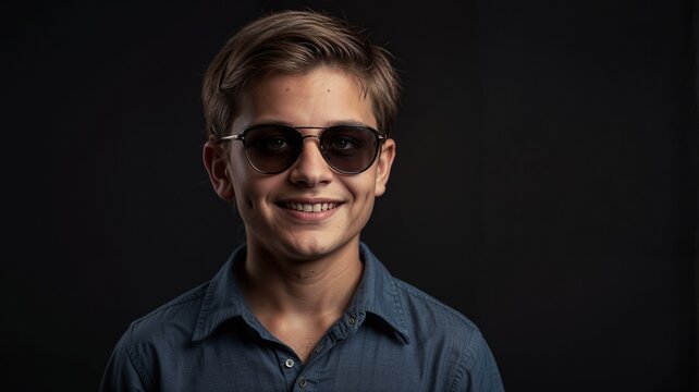 A boy with sunglasses and black dackground