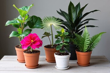 Fototapeta premium Colorful Tropical Plant Assortment Pack: Begonia, Palm, Maranta, Rubber Plant, and Fern