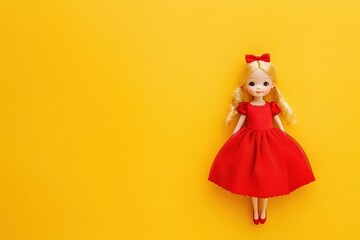 Fototapeta premium Adorable Blonde Doll in Red Dress on Yellow Background A Charming Photography of a Toy Doll Posing Gracefully