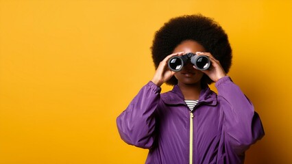Young girl in purple clothes with binoculars on a yellow background, capturing a moment of curiosity and exploration
