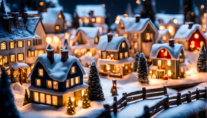 Obraz premium christmas village scene with snow and lit houses 