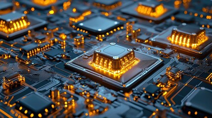 Close-up of a circuit board with illuminated microchips, showcasing intricate details and a futuristic design.