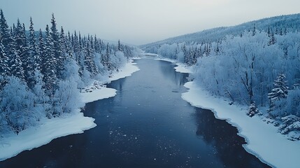 Winter Landscape Aerial View of Frozen River Snowy Forest Tranquil Nature Scene Remote Wilderness