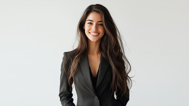 portrait of a latina american professional woman tv news presenter short hair wearing woman suits dressed elegantly formal on a white background ai generate