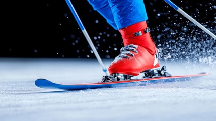 Dynamic Ski Action: Close-up of a skier's red boot and blue skis carving through fresh snow, showcasing speed, precision, and the thrill of winter sports. 