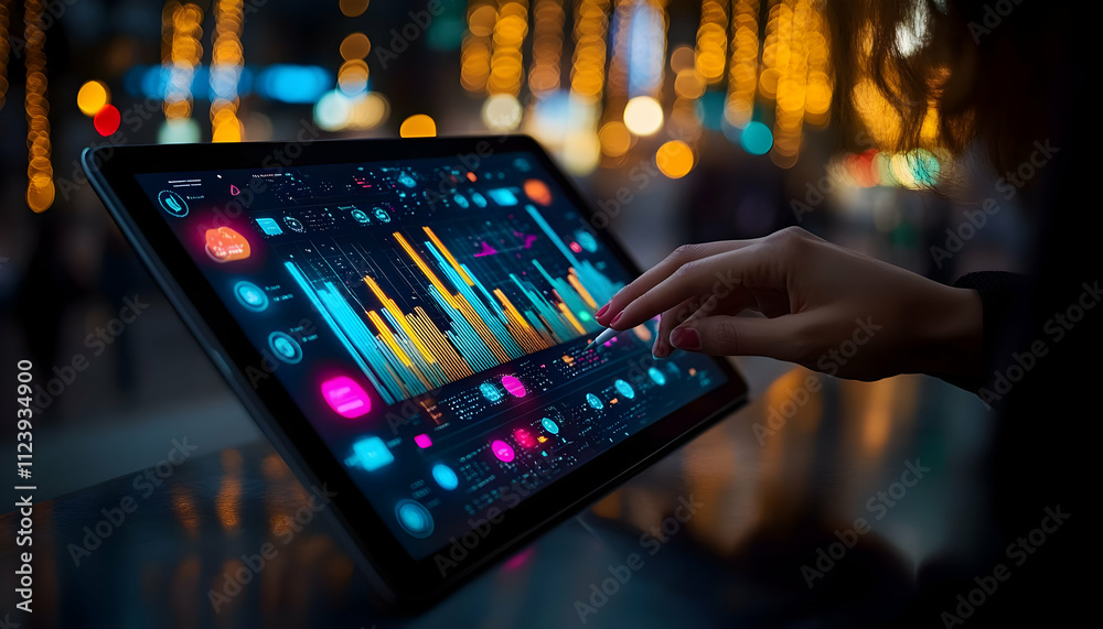 Poster a person interacting with a digital interface displaying colorful data visualizations.