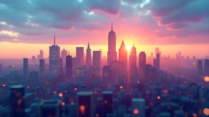 Fototapeta premium Colorful Low Poly City Skyline at Dusk with Gradient Sky Capturing Essence of Modern Urban Living