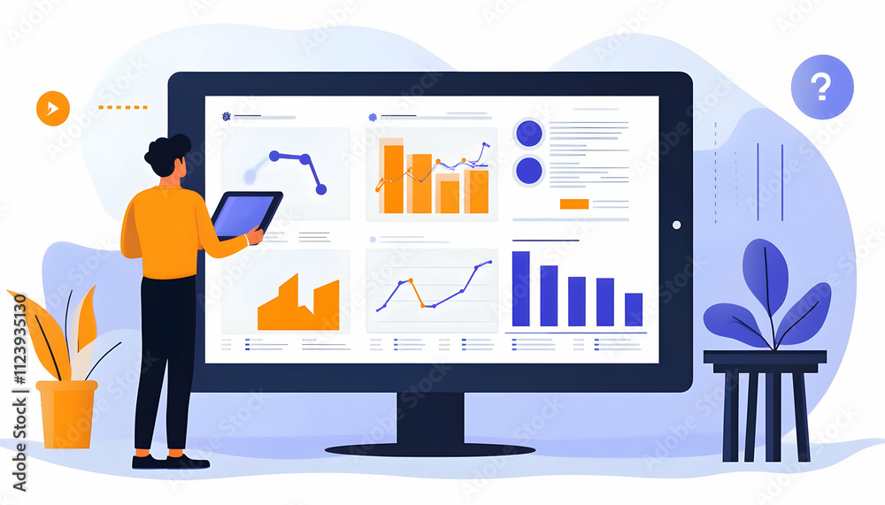 Poster a person analyzing data on a large screen with charts and graphs.