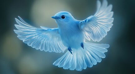 Obraz premium A vibrant blue bird in flight, wings spread wide, against a blurred background.