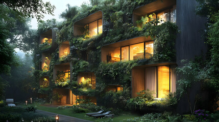 A modern building enveloped in greenery, showcasing sustainable architecture.