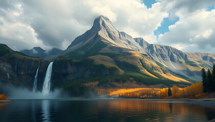 Stunning hyper-real painting of a mountain with waterfall flowing into a serene lake and cloudy sky