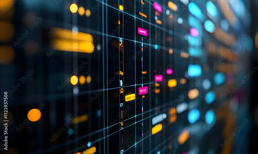 Poster abstract digital visualization with colorful data points and grid lines.