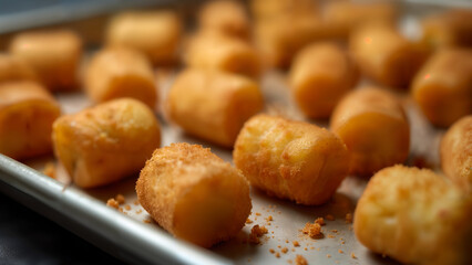 A Macro Shot of Deliciously Golden Frozen Tater Tots Ready for Baking with Crispy Texture and Flavorful Seasonings