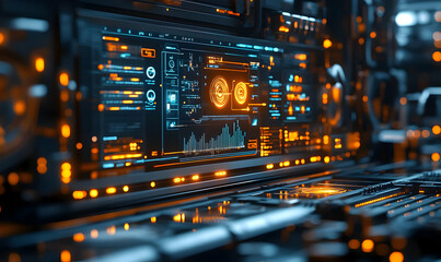 Obraz premium Futuristic control panel with glowing interfaces and data displays.