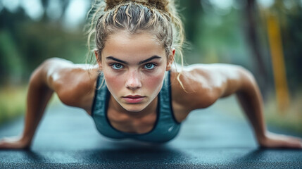 Woman Doing Push-Ups Outdoors, Promoting Healthy Lifestyle