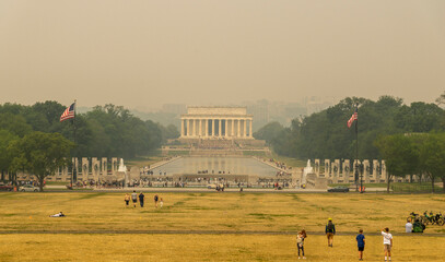 Washington, D.C. Skyline Shrouded in Forest Fire Smoke with Lincoln Memorial and Reflecting Pool