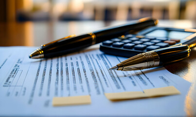 Fototapeta premium A close-up of documents, pens, and a calculator, suggesting a business or financial context.