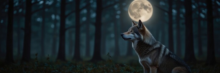 Obraz premium Lone Wolf Silhouetted Against a Full Moon in a Dark Forest