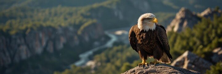 Obraz premium Majestic Bald Eagle Perched High Above Mountainous Landscape