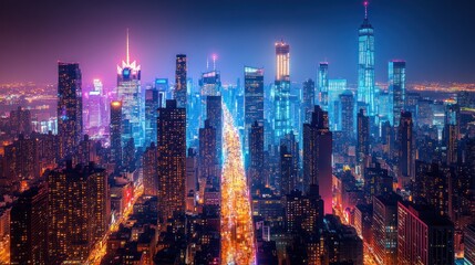 Fototapeta premium Vibrant city skyline at night, showcasing illuminated buildings.