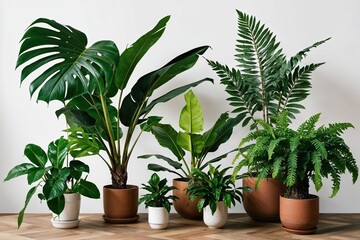 Fototapeta premium Tropical Plant Collection Featuring Monstera Palm Rubber Plant Pine and Fern Bush for Lush Greenery