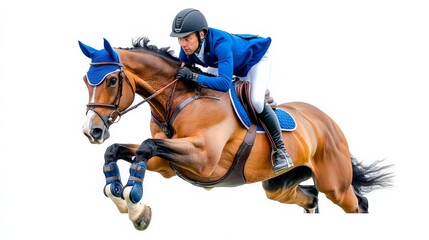Horse Jumping: A stunning image of a skilled equestrian and their magnificent horse soaring through the air during a show jumping competition.  The dynamic pose captures the grace, power.