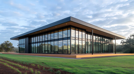 Naklejka premium Futuristic Commercial Building Featuring Floor-to-Ceiling Glass Windows: Ideal for modern architecture and professional spaces.