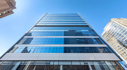 Fototapeta premium Elegant High-Rise Commercial Building with Full-Height Glass Windows: Sleek, modern architecture for business and commercial use.