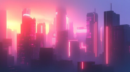 Fototapeta premium Futuristic Cityscape Illuminated By Neon Lights At Dawn