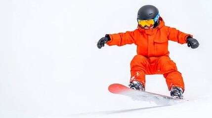 Snowboarder in mid-air: A snowboarder in an orange suit and helmet performs a daring mid-air maneuver against a pristine white backdrop. The image captures the thrill and adrenaline of winter sports.