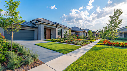 Fototapeta premium Row of modern suburban houses with manicured lawns and pathways under a sunny sky. Real estate and residential neighborhood concept