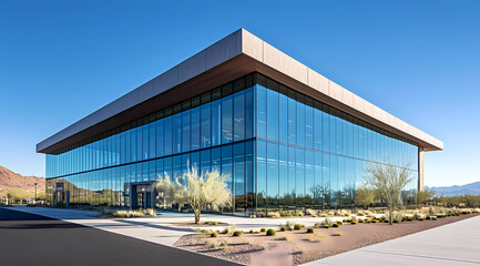 Fototapeta premium Modern Glass-Fronted Building with an Edgy Facade Ideal for Progressive Businesses