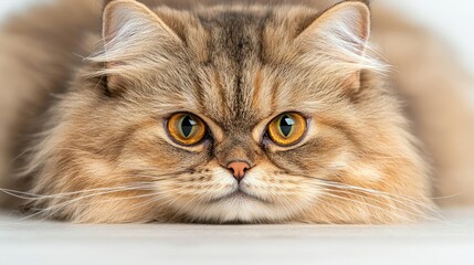 Close-up of a fluffy Persian cat with striking yellow eyes, capturing its calm demeanor.