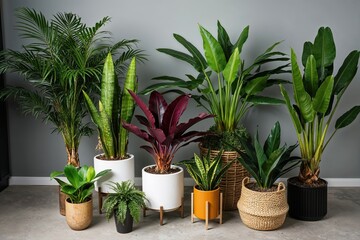 Obraz premium Vibrant Tropical Plant Collection Featuring Zamioculcas Spathiphyllum Yucca Palm and Philodendron