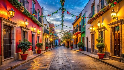Naklejka premium Vibrant street scene in Mexico during Las Posadas , festive, celebration, tradition, Mexican culture, colorful, lights